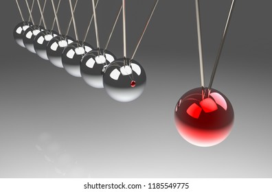 3d rendering. perspective view of before hitting of red ball to another pendulum group. One force effect to all concept.