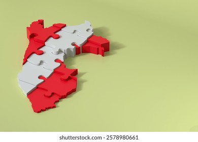 3d rendering of Peru map made with puzzle pieces, on green background with copy space
