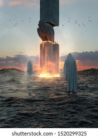 3d Rendering Phantasy Flame Mountain Volcano Lava Statue Phenomen Sand Sky Water Landscape Sunrise Man