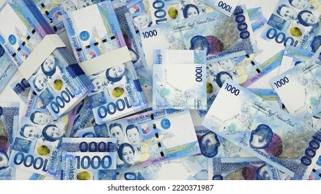 3D rendering of Philippine peso notes spread on surface