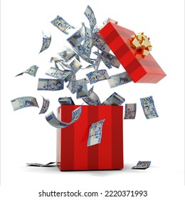 3D rendering of A lot of Philippine peso notes coming out of an opened red gift box