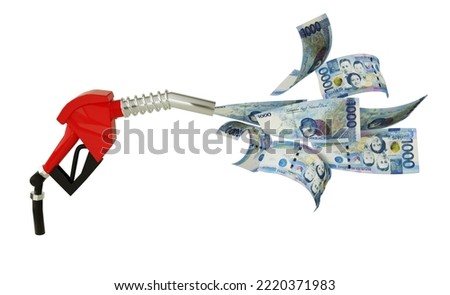 3d rendering of Philippine peso notes coming out from fuel pump. red fuel nozzle with pesos flying around
