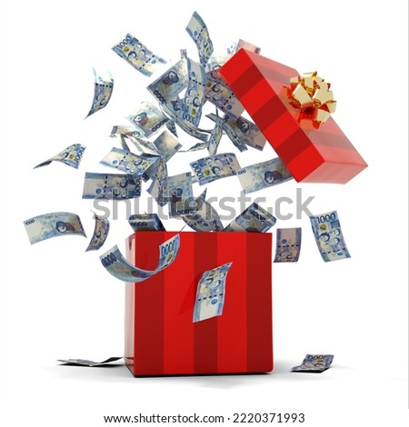 3D rendering of A lot of Philippine peso notes coming out of an opened red gift box