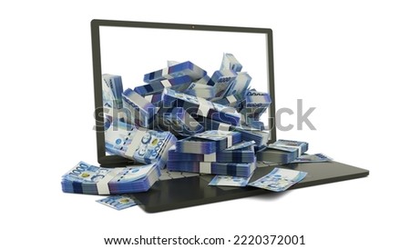 3D rendering of Philippine peso notes coming out of a Laptop monitor isolated on white background. stacks of Philippine peso notes inside a laptop. money from computer, money from laptop