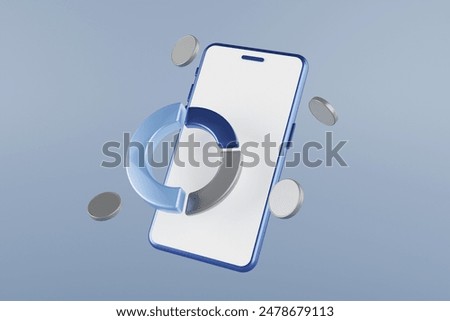 3D rendering. Phone floating in mid-air with coins around and money spending graph. business investment concept