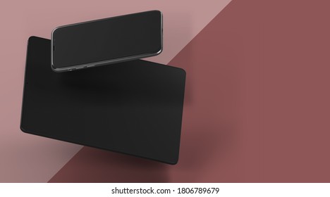 3D Rendering Phone Tablet Landscape Slanted Floating In Mid Air Red Pink Background