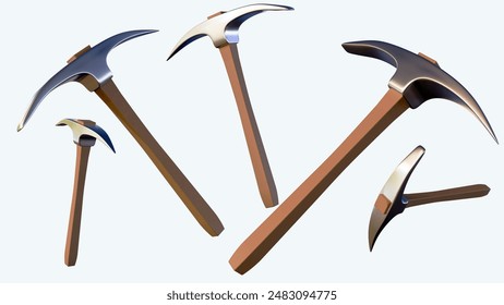 a 3D rendering of pickaxes. Pickaxes are tools that are used for breaking up rock or hard ground. 