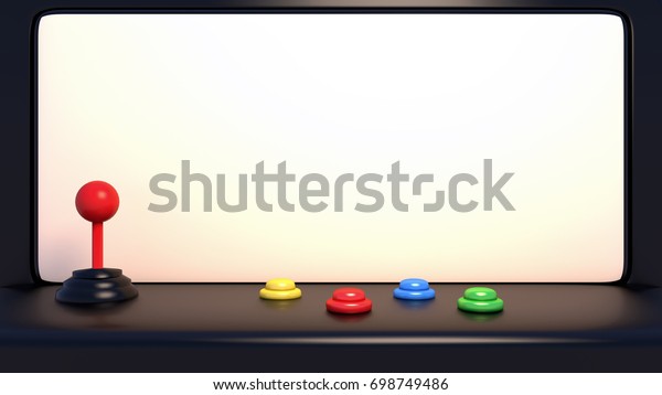 3d rendering picture of arcade machine with\
joystick and push\
buttons.
