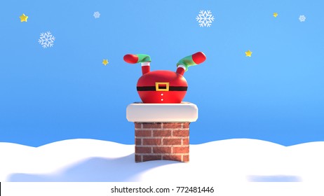 3d Rendering Picture Of Cartoon Santa Claus Stuck In The Chimney.