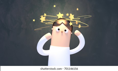 3d Rendering Picture Of Dizzy Man With Stars Spinning Over His Head.