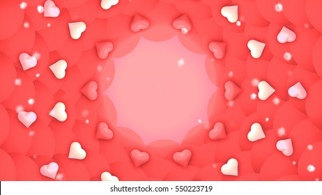 3d Rendering Picture Of Happy Valentine's Day Wallpaper. Beautiful Circular Frame And Border Made Of Multiple Decorative Items: Heart Shape Objects And Flower Petals Pattern Background.