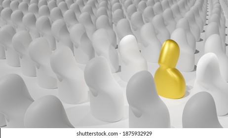 The 3D Rendering Picture Of A Looking Up Golden Human Sculpture In A Group Of Looking Down White Color Humans Sculpture.