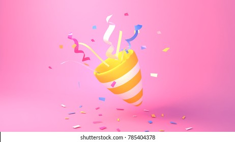 3d Rendering Picture Of Party Popper. Simple Pink Solid Background With Hard Lighting Effect.