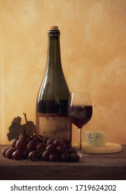 A 3D Rendering Picture Of The Still Life Painting With A Bottle Of Wine, A Glass Of Wine And Cheese And Grapes On The Wooden Table In The Room