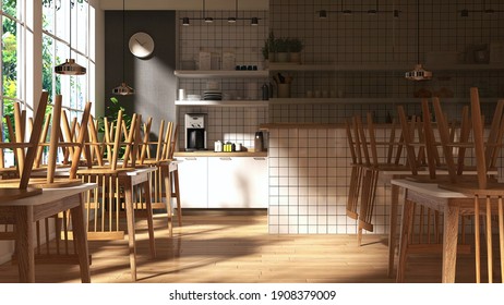 3D Rendering Picture Of A Temporarily Closed Restaurant With All The Chairs Are Stacked Upside Down On The Table Because Of Covid 19 Pandemic Lockdown. Economies Crisis, Small Business, Background.