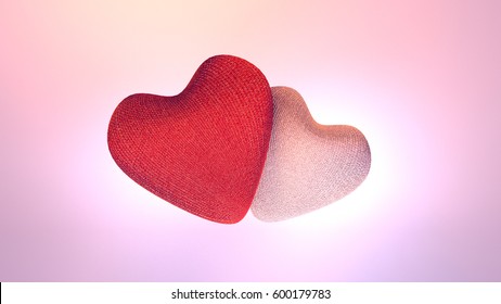 3d rendering picture of two linen fabric heart shape objects. Happy Valentine's Day, Japanese March 14th White Day, Mother's Day, wedding anniversary greeting card. Knitting plush gifts for Vday.