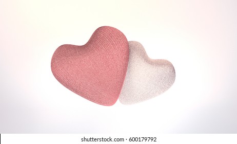 3d rendering picture of two linen fabric heart shape objects. Happy Valentine's Day, Japanese March 14th White Day, Mother's Day, wedding anniversary greeting card. Knitting plush gifts for Vday.