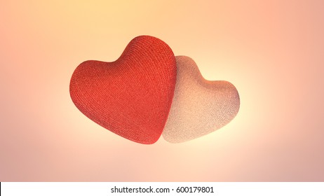 3d rendering picture of two linen fabric heart shape objects. Happy Valentine's Day, Japanese March 14th White Day, Mother's Day, wedding anniversary greeting card. Knitting plush gifts for Vday.