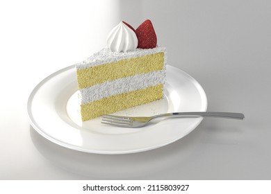 3d Rendering - Piece Of Cream Cake Isolated On White Background High Quality Details