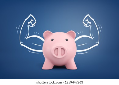 3d rendering of a piggy bank front view with strong arms drawn on both sides on a blue background. Money is power. Banking and finance. Successful business.