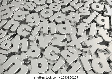 3D rendering of pile of gray metallic lower case alphabet fonts shot from above