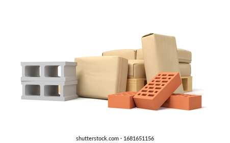 3d rendering of pile of light brown paper parcels with several cinderblocks and red perforated bricks on white background. Construction materials. Construction industry. Delivery business.