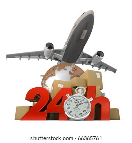  3D rendering of  a pile of packages a van, a truck and an airplane with the words 24 Hrs and a chronometer