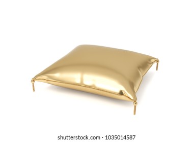 3d Rendering Of A Pillow Made Of Golden Fabric With Gold Trim And Intricate Tassels. Home Textile. Wealth And Luxury Items. Awards And Presents.