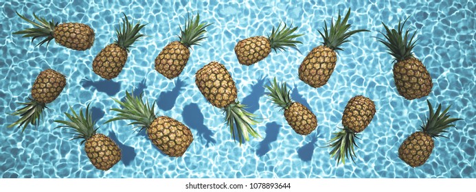 3d rendering. pineapples swimming in a blue pool.
