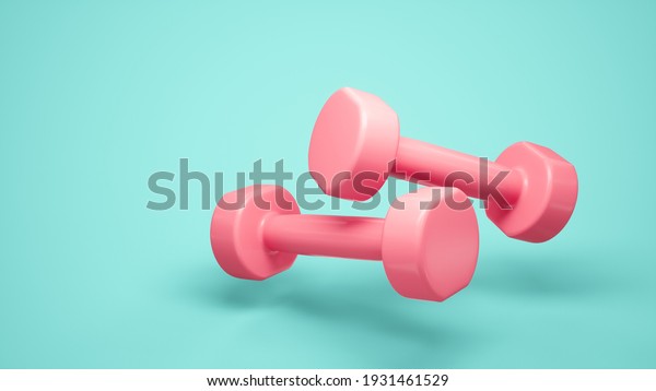 3D Rendering Pink Dumbbells for sports\
isolated on blue\
background