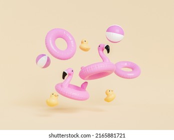 Representación 3D de bolas de flamencos inflables rosadas y anillos de nado con patos de goma amarillos contra fondo beige