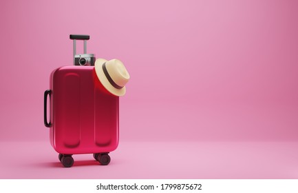 3D Rendering Pink, Modern Travel Suitcase, Luggage With Camera, And A Hat On Pink Color Background