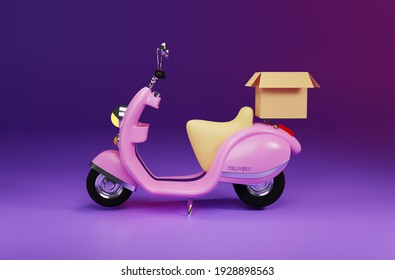 3D Rendering Pink Motor Scooter With Box In Purple Background For Delivery Order