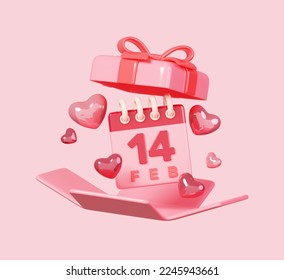 3D rendering pink open gift box with 14 feb calendar and heart shape  isolated on pastel pink background. 14 February Happy Valentine's Day icon.