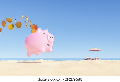 3D rendering of pink piggy bank with golden coins jumping over sandy beach near sunbed and umbrella placed at seafront against cloudless blue sky - Powered by Shutterstock