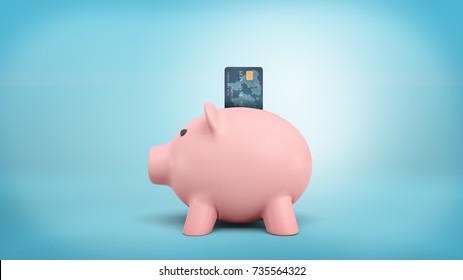 3d Rendering Of A Pink Piggy Bank Stands In A Side View On A Blue Background With A Credit Card Stuck Into Its Coin Slot. Cash Against Plastic Cards. Saving Money. Retail Banking.