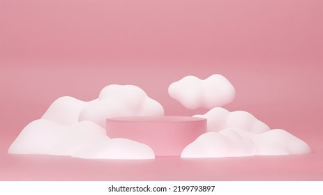 3D Rendering of Pink podium with fluffy white clouds and pink background for beauty and skincare products. 3d stage showcase on pedestal display pink background
