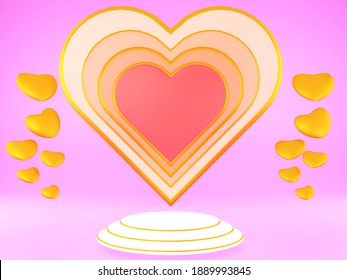 3D rendering of pink room of love. 
Many big hearts on podium circle. Room of Love on Valentines Day. Many gold hearts around big heart. Interior design and background. 3D illustration. - Powered by Shutterstock