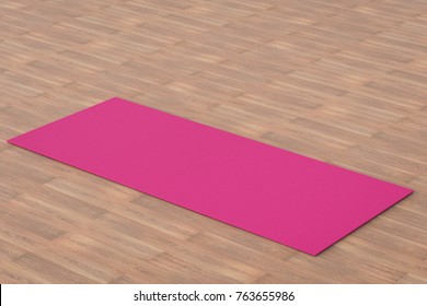 3d Rendering Pink Yoga Mat On Wooden Floor