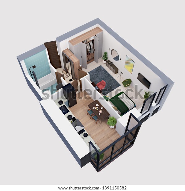 3d Rendering Plan Layout Modern Apartment Stock Illustration 1391150582 ...