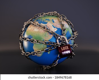 3D-Darstellung des Planeten Erde, mit Padlock verkettet und verriegelt als globale Lockdown-Metapher