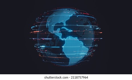 3D Rendering Of Planet Earth Hologram Surround With Scifi Ring Elements. For News Or Advertising, Global Technology, Telecom Product Background