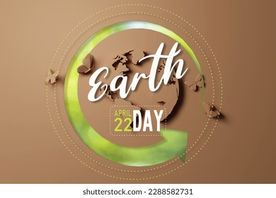 3d Rendering. Planet earth icon eco papercut on brown background. Earth day concept.