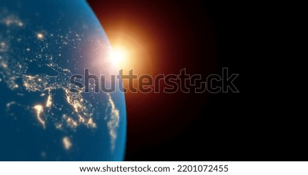 3D Rendering of planet earth, Night view with glowing sun on horizon. For global network and telecommunication, cryptocurrency, blockchain and IoT, technology background. Elements furbished by NASA