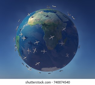 3D rendering. Planet earth and planes