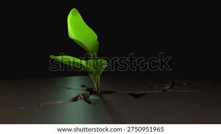 A 3d rendering of plant is emerging from a deep, jagged crack in a concrete or stone surface. A metaphor for "growth after a crisis," "sustainable recovery," or "finding opportunity in hardship".