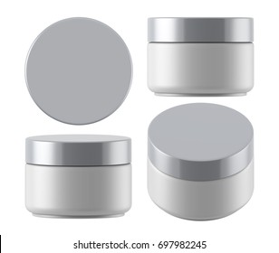 3D Rendering Plastic Cosmetic Jar With Silver Lid For Cream, Butter, Scrub, Gel, Powder, Wax. Realistic Packaging Mock Up Template