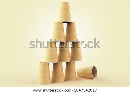 3D rendering of plastic cups stacked in a pyramid with one fallen down representing the concept of failure at teamwork.
