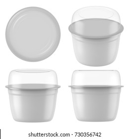 3D Rendering Plastic Tub With Clear Lid Container For Dessert, Yogurt, Ice Cream, Sour Cream, Snack, Butter, Margarine Or Cheese, Mock Up Template