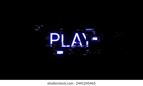 3D rendering play text with screen effects of technological failures. Spectacular screen glitch with various kinds of interference